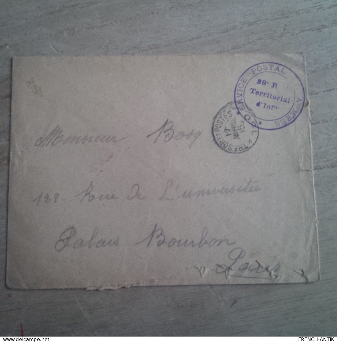 LETTRE SERVICE POSTAL ARMEES POUR PARIS 28E REGIMENT TERRITORIAL - Storia Postale