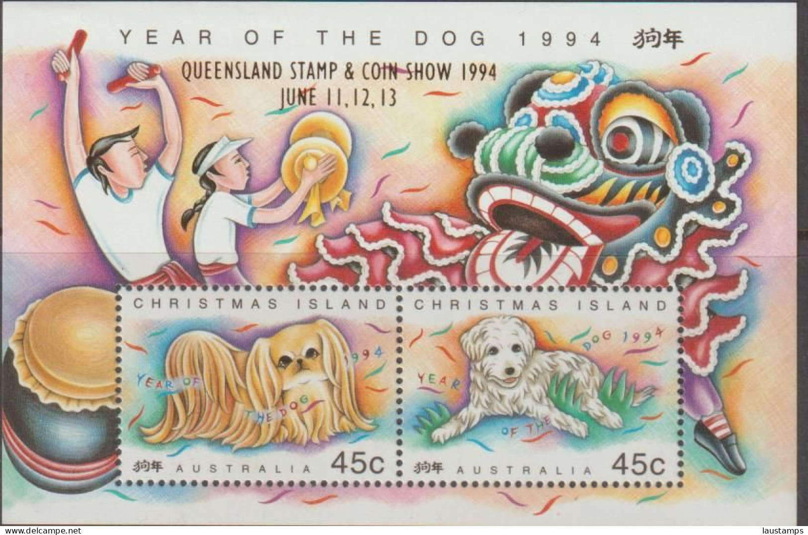 Christmas Island 1994 Year Of The Dog Ovpt Queensland Stamp & Coin Show S/S MNH - Nouvel An Chinois