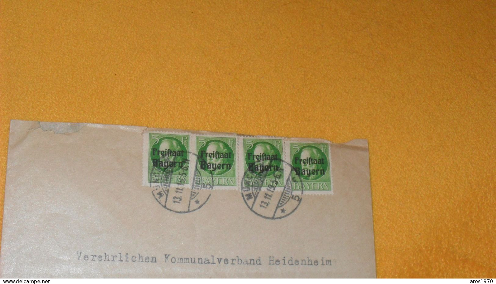 ENVELOPPE ANCIENNE DE 1919../ ALLEMAGNE..CACHETS MUNCHEN ?..POUR HEIDENHEIM..+ TIMBRES X4 SURCHARGE FREIFTAAT BAYERN - Autres & Non Classés