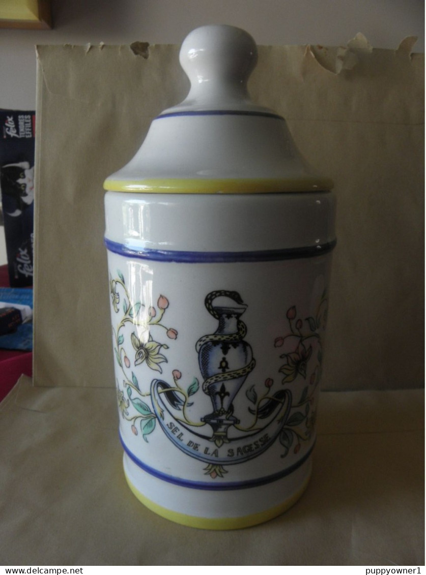 VIEUX POT A PHARMACIE APOTHICAIRE PORCELAINE SEL DE LA SAGESSE 20 Cm - Other & Unclassified