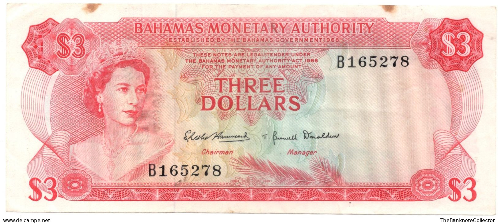 Bahamas Monetary Authority 3 Dollars 1968 QEII P-28 - Bahama's