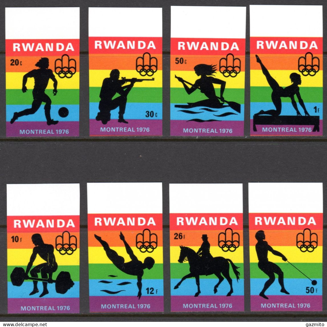 Rwanda1976, Olympic Games In Montreal, Football, Shooting, Rowing, Gymnastic, Horse Race, 8val IMPERFORATED - Tir (Armes)