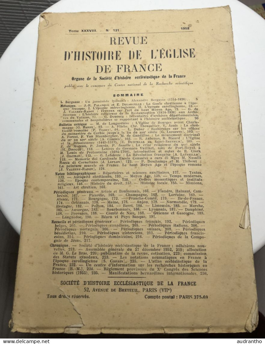 REVUE D'HISTOIRE DE L'EGLISE DE FRANCE Tome XXXVIII -N°131 De 1952 - History