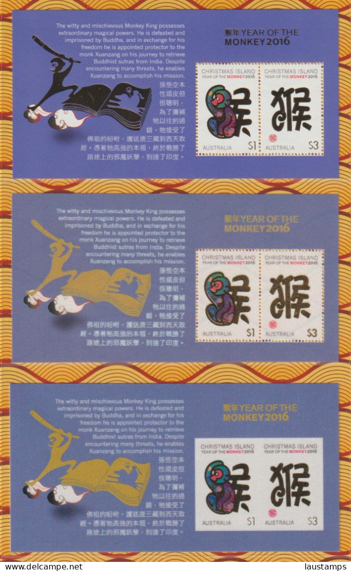Christmas Island 2016 Year Of The Monkey Normal, Silk And Self-adhesive 3xS/S MNH - Chinese New Year