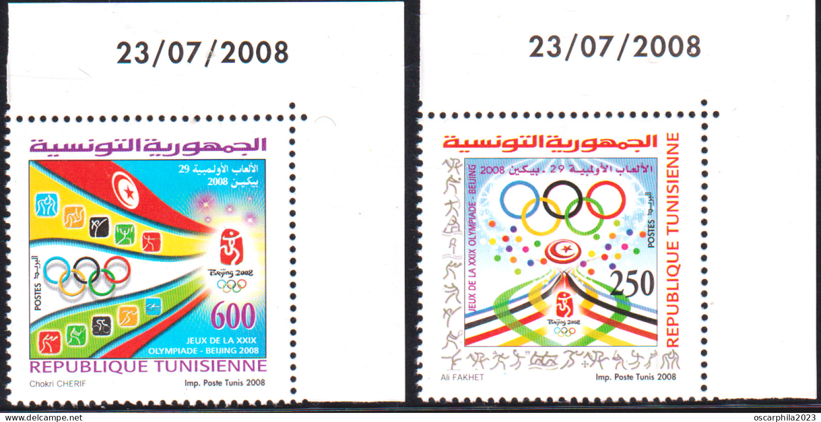 2008 - Tunisie - Y&T 1619- 1620 - Jeux Olympiques De Pekin, Série Complète 2 V Coin Daté - MNH***** - Verano 2008: Pékin