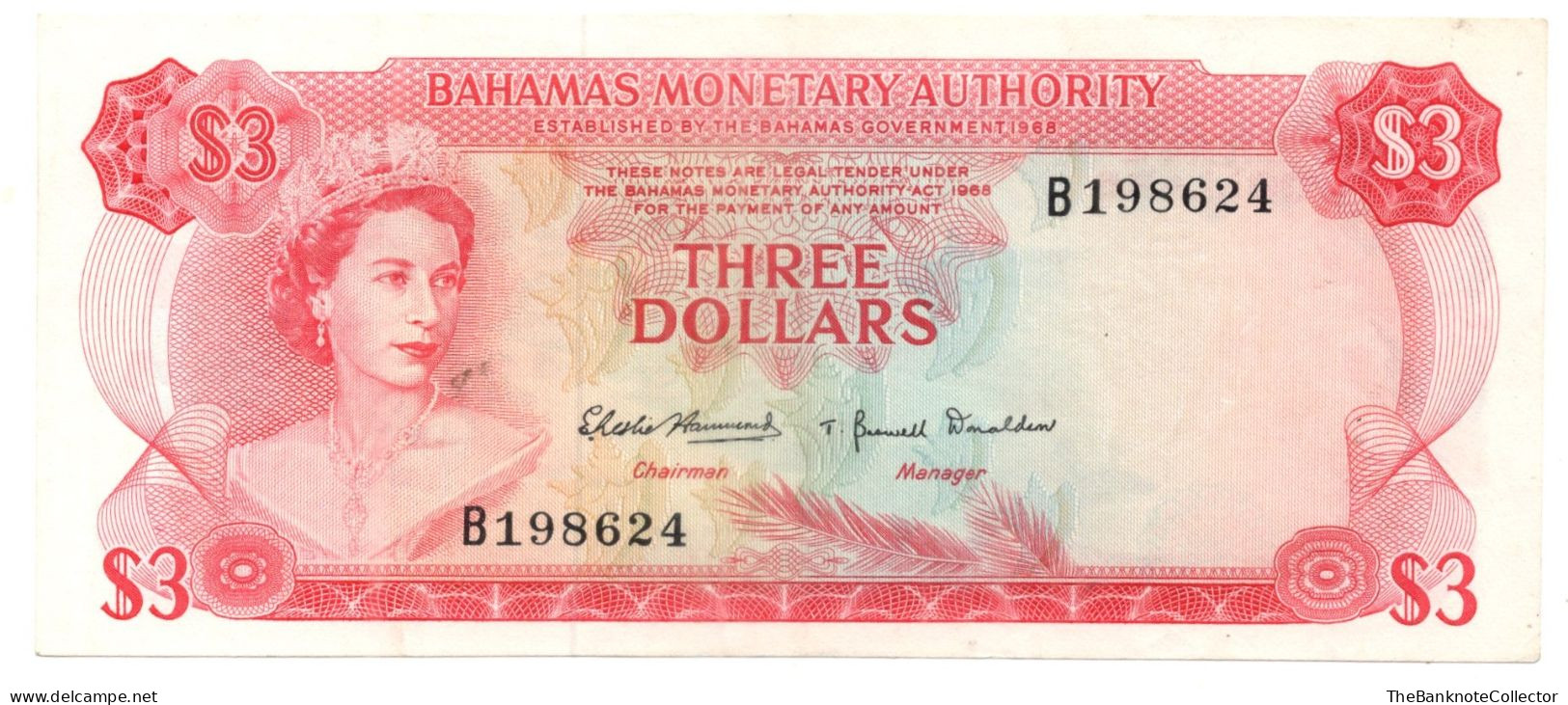 Bahamas Monetary Authority 3 Dollars 1968 QEII P-28 AUNC - Bahamas