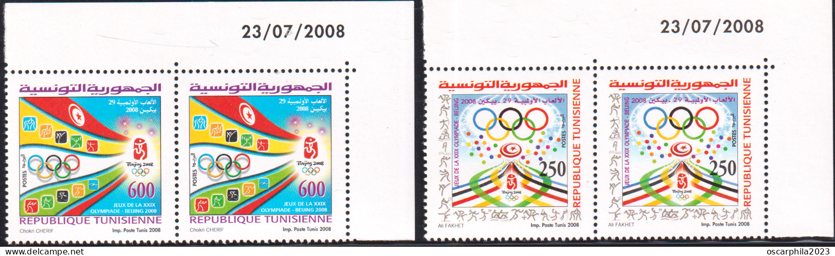 2008 - Tunisie - Y&T 1619- 1620 - Jeux Olympiques De Pekin, Série Complète -  En Paire 4 V Coin Daté - MNH***** - Ete 2008: Pékin
