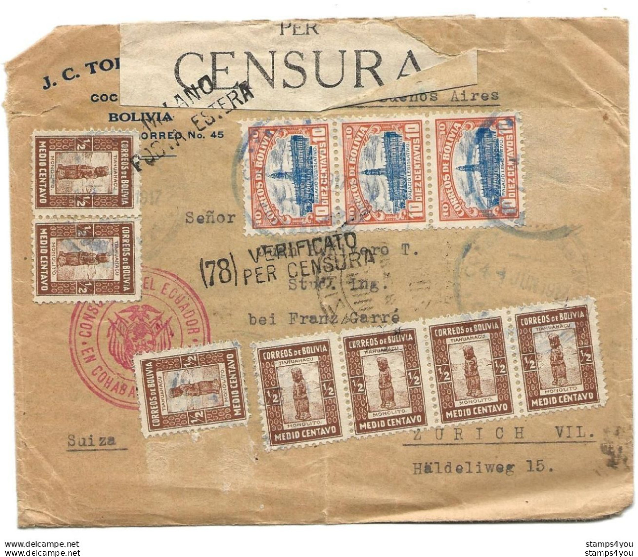 221 - 28 - Enveloppe Envoyée Du Mexique En Suisse 1917 - Censure - Guerre Mondiale (Première)