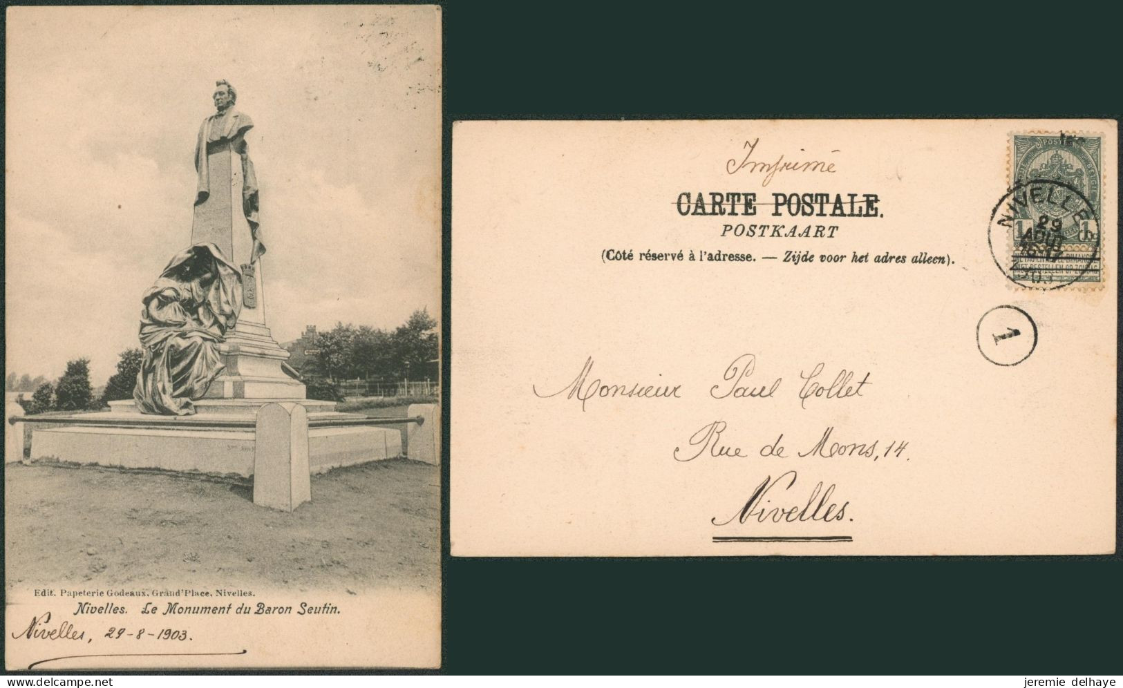 Carte Postale - Nivelles : Le Monument Du Baron Seutin (Edit. Papeterie Godeaux) - Nijvel