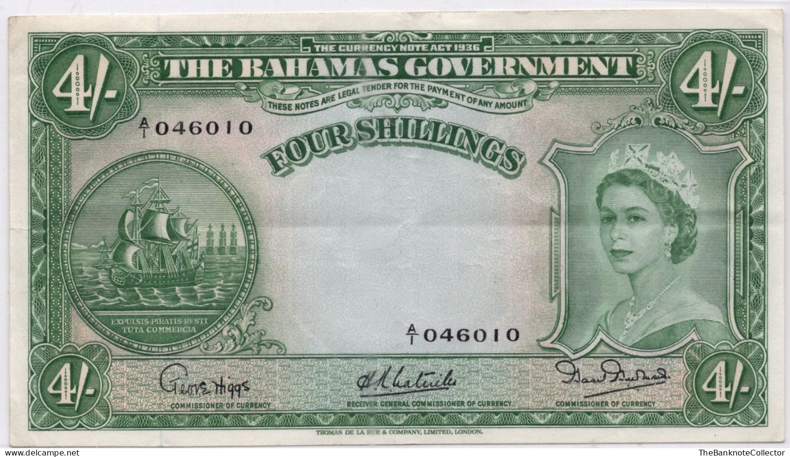 The Bahamas Government 4 Shillings QEII ND 1953 P-13 Crisp VF Prefix A/1 - Bahamas