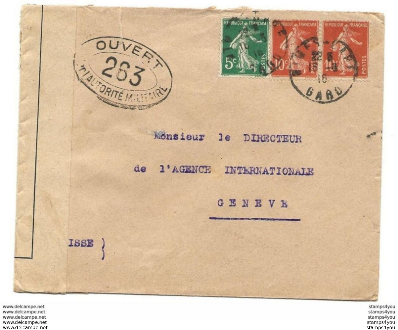 221 - 67 - Enveloppe Envoyée Du Gard à La Croix Rouge Genève 1918 - Censure - Petite Déchirure En Haut - 1. Weltkrieg