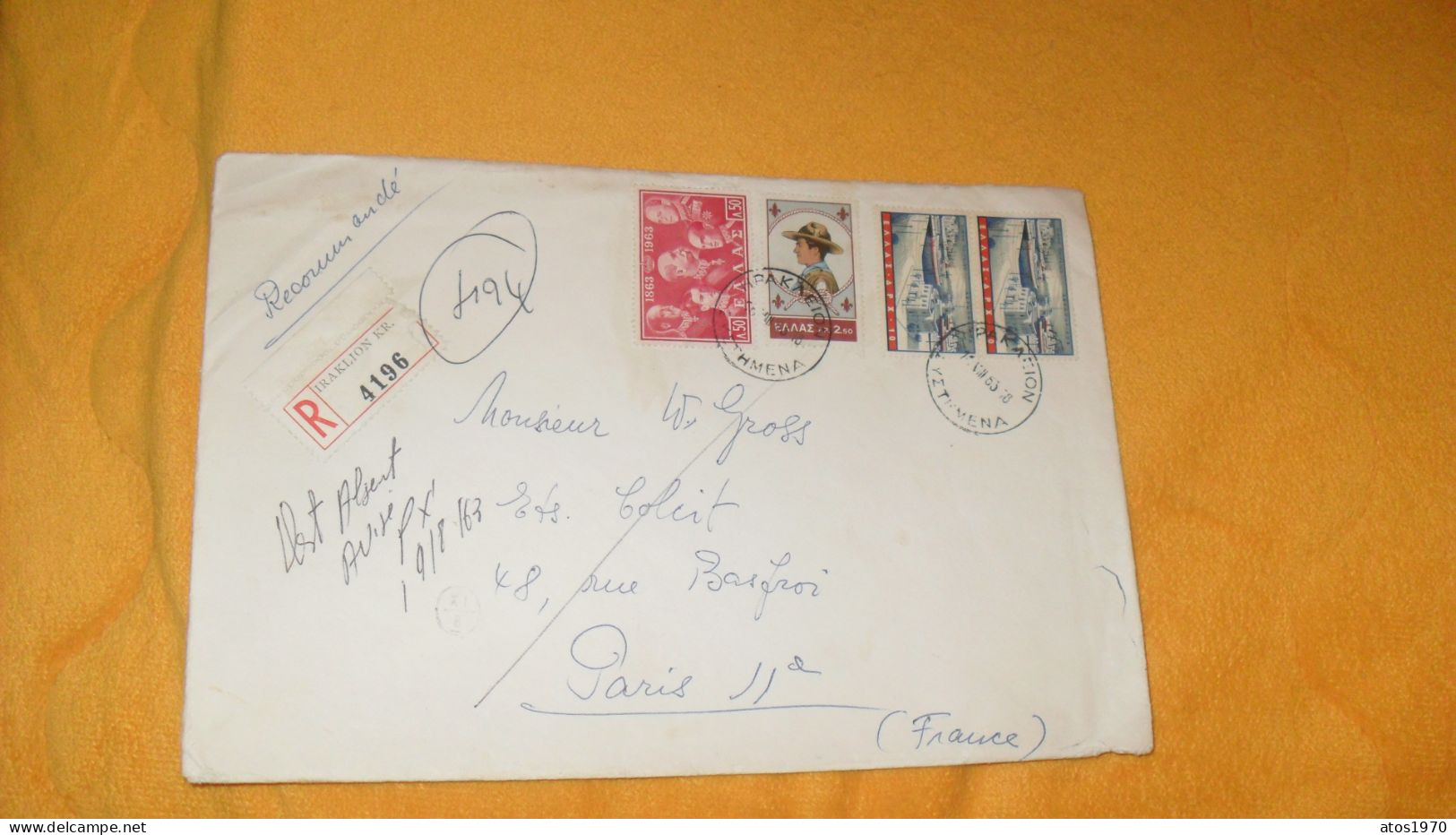 GRANDE ENVELOPPE DE 1963../ RECOMMANDE N°4196 IRAKLION KR. GRECE POUR PARIS ...CACHETS + TIMBRES X4 - Cartas & Documentos