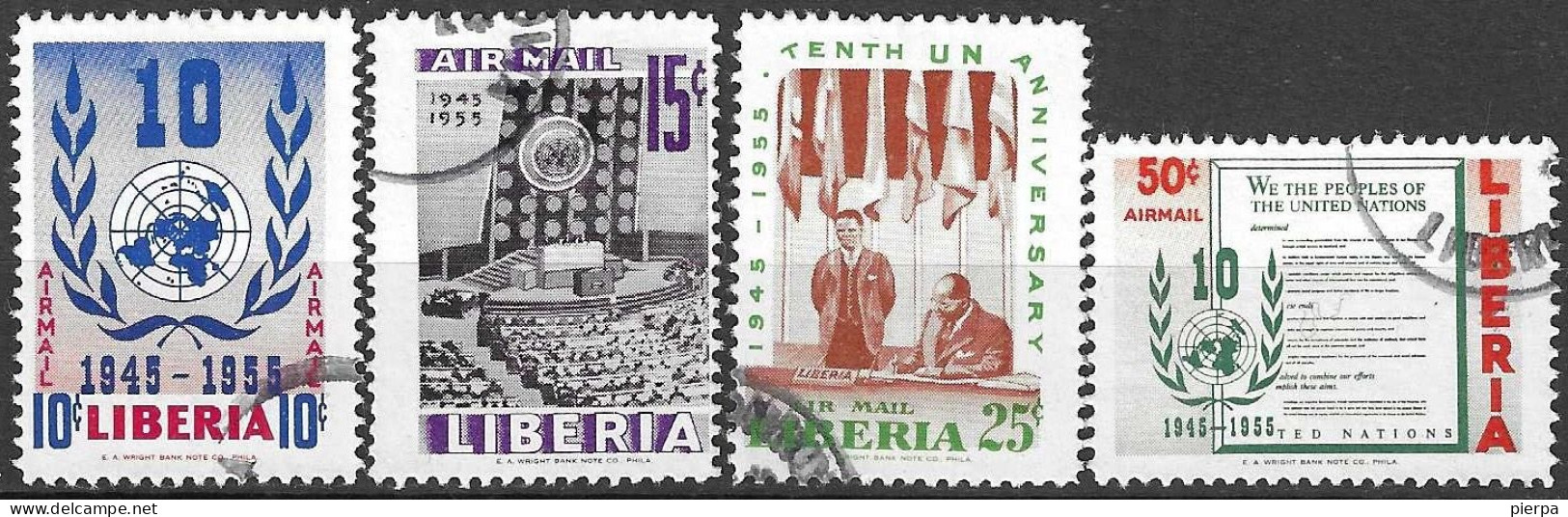 LIBERIA - 1955 - POSTA AEREA - 10° NAZIONI UNITE - SERIE 4 VALORI - USATA (YVERT AV 91\4 - MICHEL 483\6) - Liberia