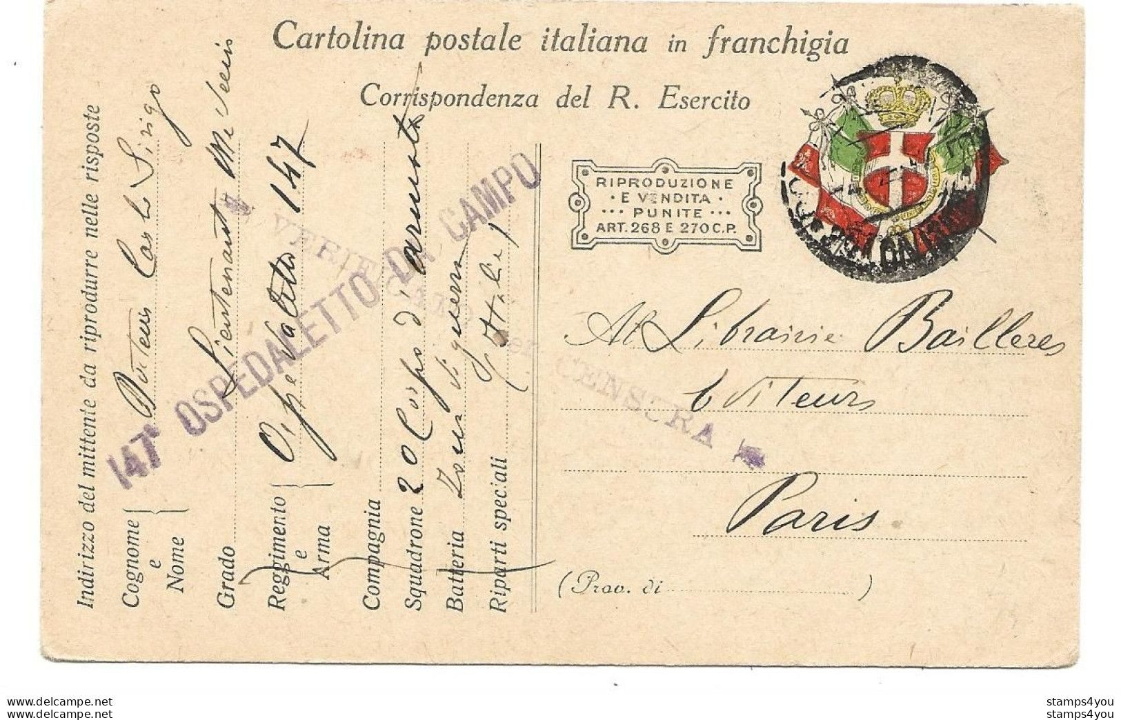 221 - 101 - Carte Militaire Italienne Envoyée à Paris 1917 - Censure - Prima Guerra Mondiale