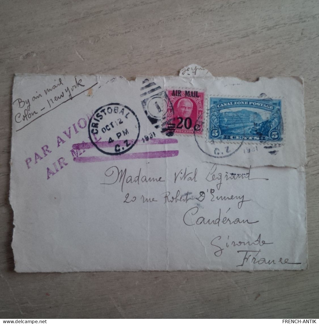 LETTRE DEVANT CRISTOBAL POUR CANDERAN GIRONDE SURCHARGE AIR MAIL 20C - Covers & Documents