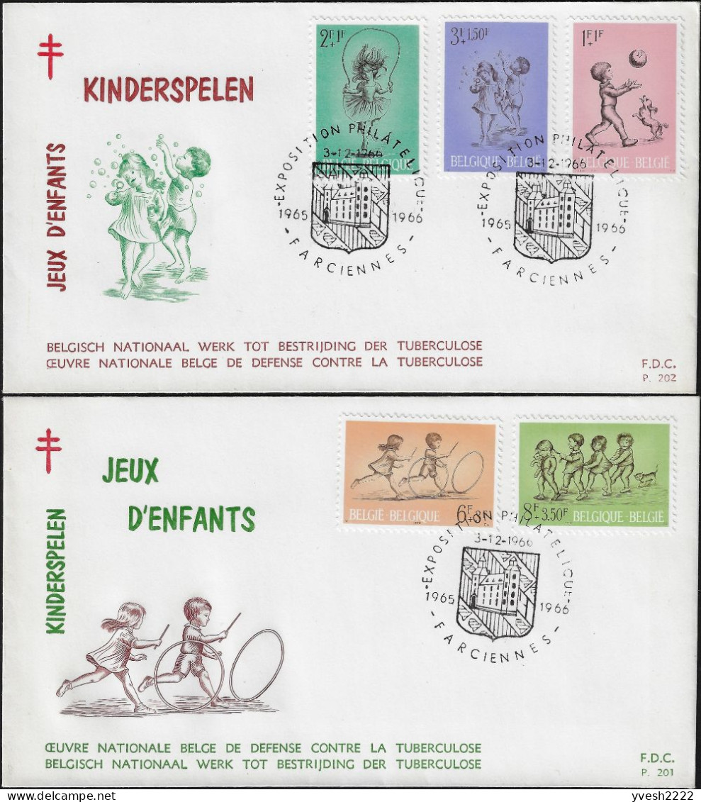 Belgique 1966 Y&T 1399 Et 1403 Sur FDC. Jeux D'enfants. Enfant Au Ballon, Saut à La Corde, Bulles De Savon, Cerceau Loup - Non Classés