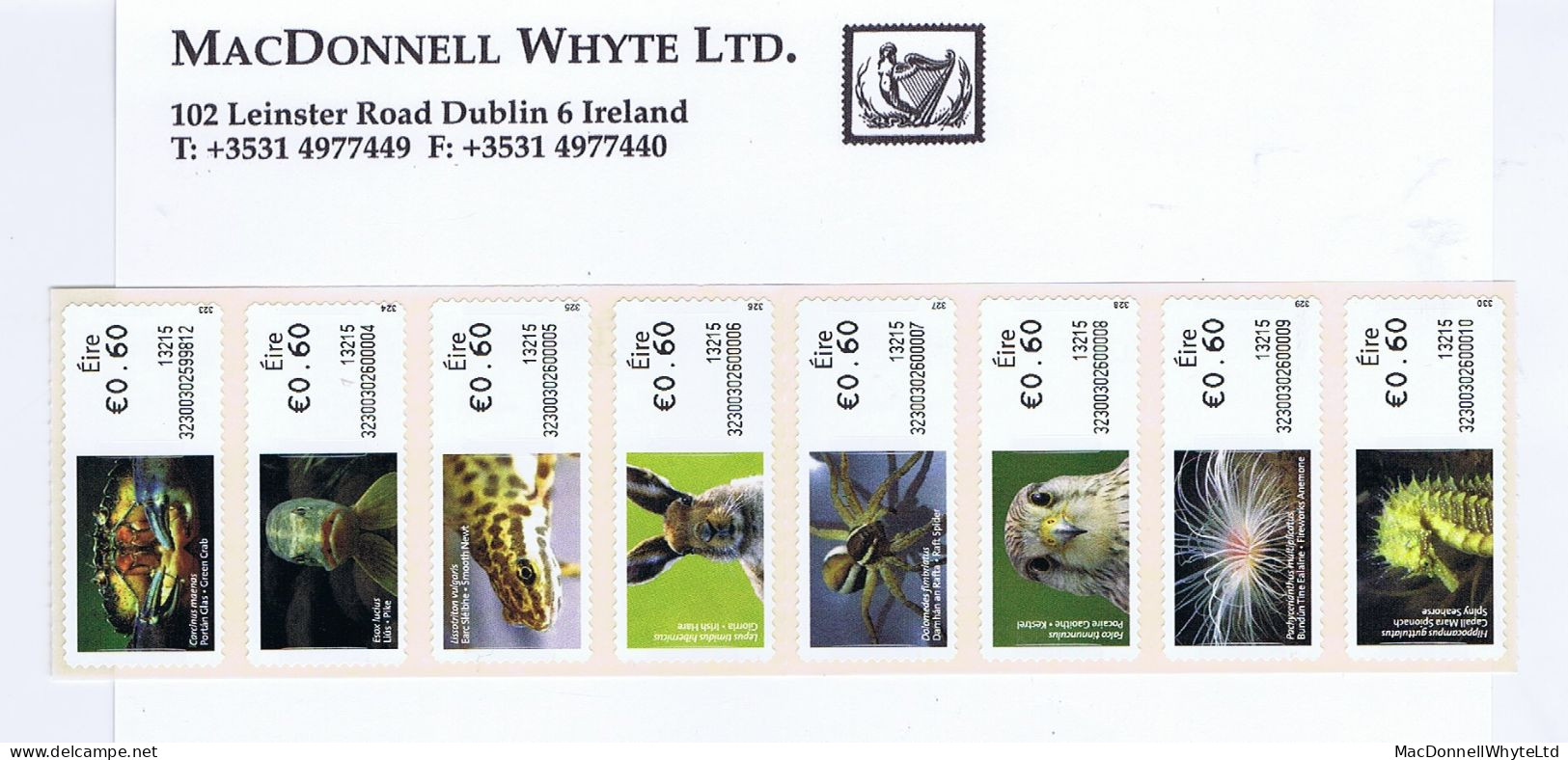 Ireland 2012 SOAR Animals And Marine Life Phase 3 Set Of 8 X 60c Thermal Print In Unbroken Strip Of 8 Mint - FDC