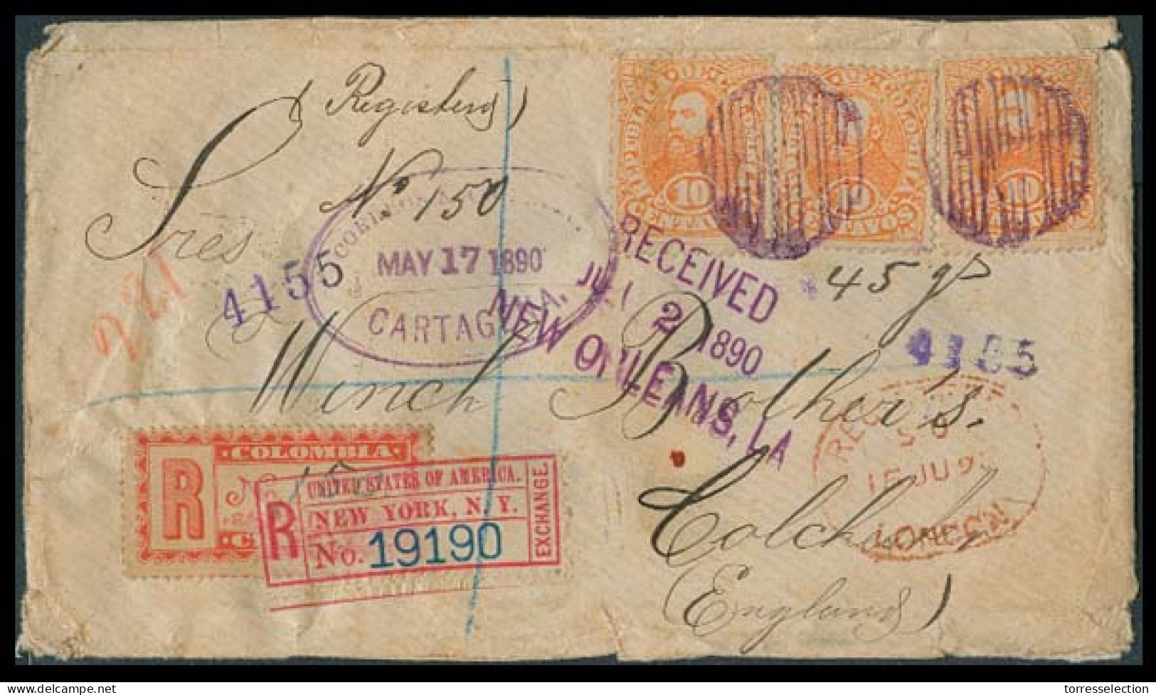 COLOMBIA. 1890. Cartagena - UK. Reg Multifkd Env. 10c X3 + R. Label 20c. 5 Reg Marks. Violet Cachet Colombia. - Colombia