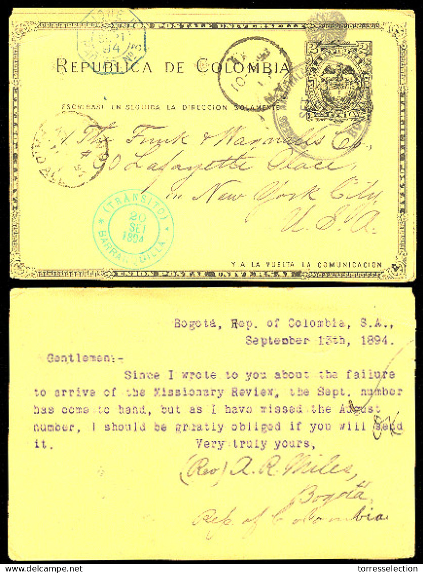 COLOMBIA. 1894. Bogota - USA. 2cts Stat Card. Via Barranquilla + French Caribbean Stea. / "Ligne D- Pqbt Fr 3". Very Rar - Colombia