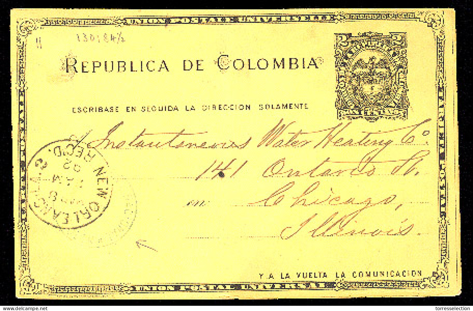 COLOMBIA. 1892. Colon / Agencia Postal Nacional - USA. 2c. Card / Blue Cds. Scarce. - Colombia