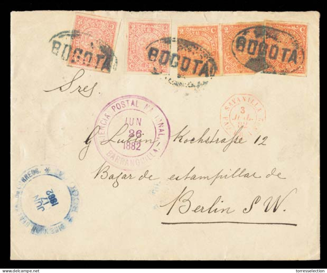 COLOMBIA. 1882. COLOMBIA - GERMANY. Envelope To Berlin, Germany, Franked Five Imperf. 2c. Tied By Oval-framed Bogota Cac - Colombia