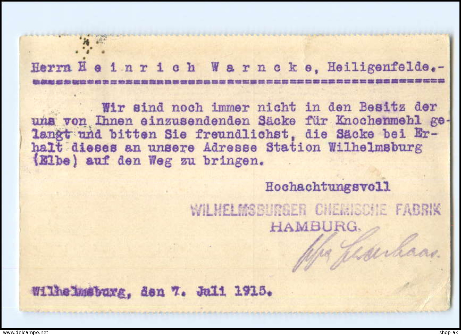 Y18723/ Hamburg Wilhelmsburg Chemische Fabrik AK 1915 - Wilhemsburg