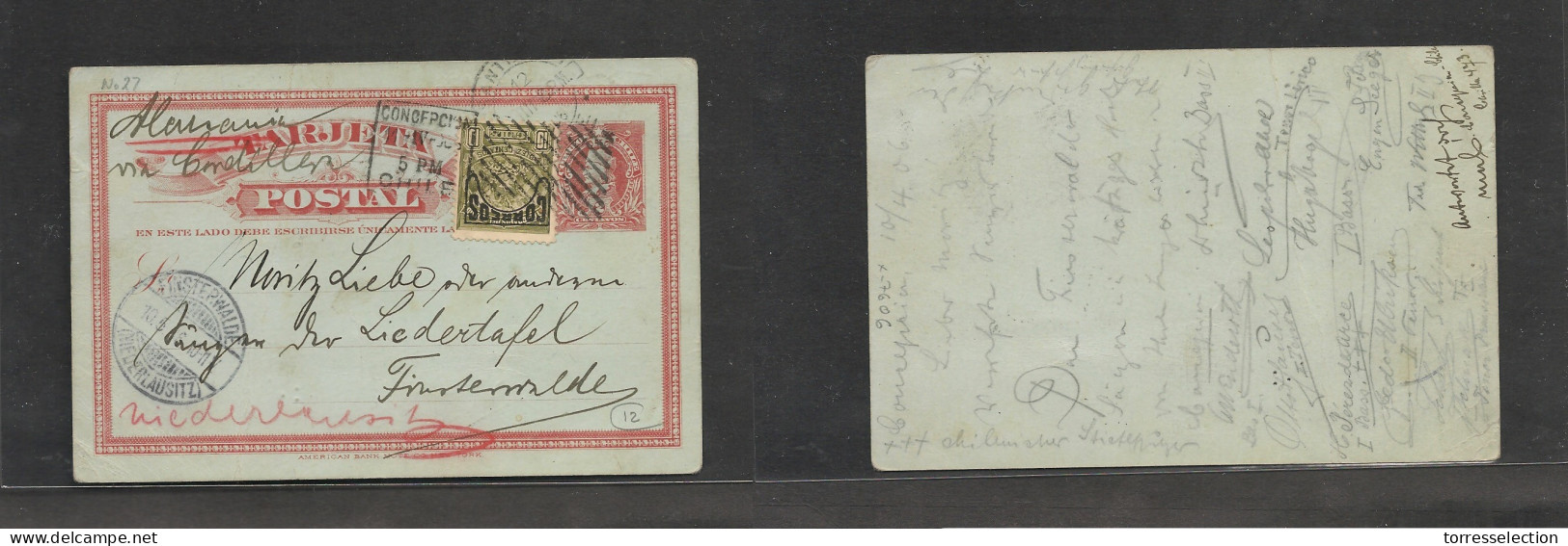 CHILE. Chile Cover - 1906 Concepcion To Germany Finsterwalde2c Red Stat Card+adtl Ovpted, Vf - Chile