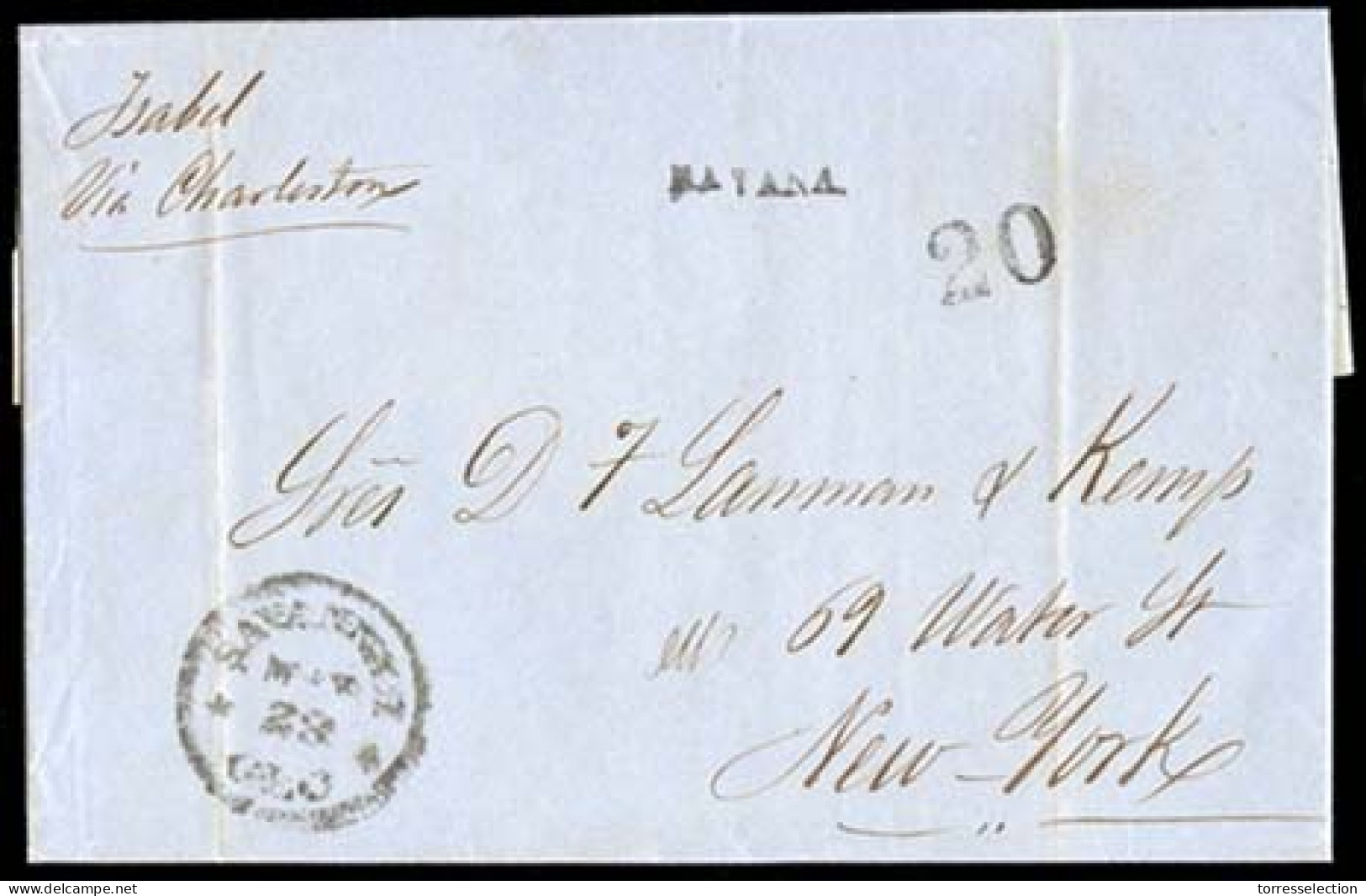 CUBA. 1859 (24 May). Habana To New York / USA. ILUSTRATED FARMACIA. EL. Carried By "The Isabel", Via Charleston With "Sa - Autres & Non Classés