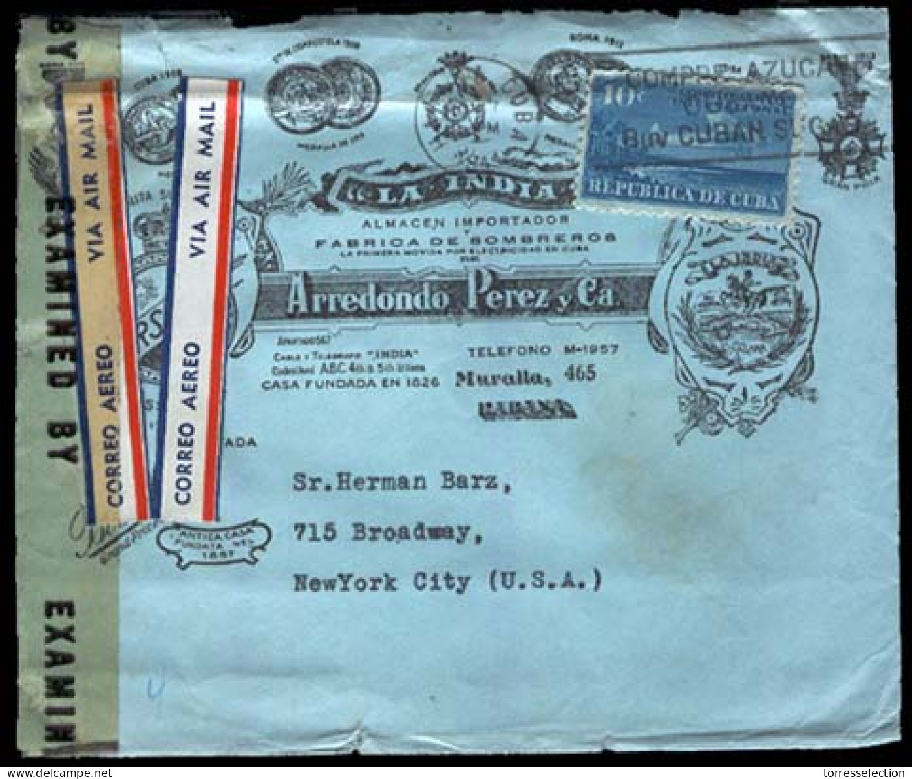 CUBA. 1944. Habana To USA. Ilustrated Censured Franked Airmail Cover. VF + Label. - Autres & Non Classés