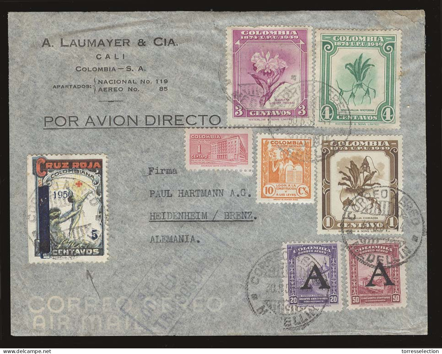 COLOMBIA. 1951 (30 March). Cali - Germany. Direct In Multifkd Env Inc CRUZ ROJA COLOMBIANA / 5 Cts Tied Stamp + Aux Pmks - Colombia