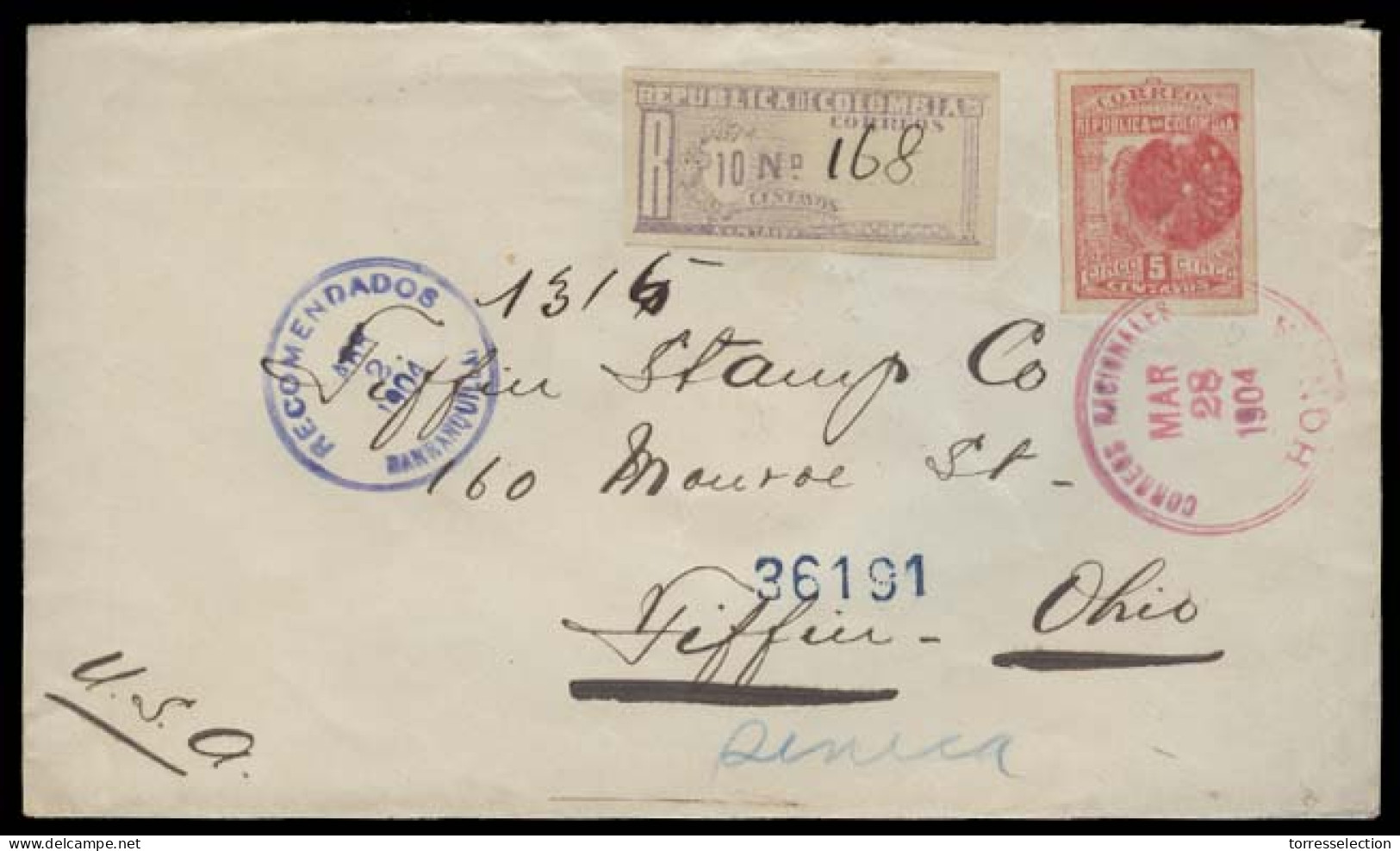 COLOMBIA. 1904. Honda - USA / Ohio. Reg Fkd Env 5c Ship + 10c Lilac Label. Via Barranquilla + Transit Reverse. XF. - Colombia