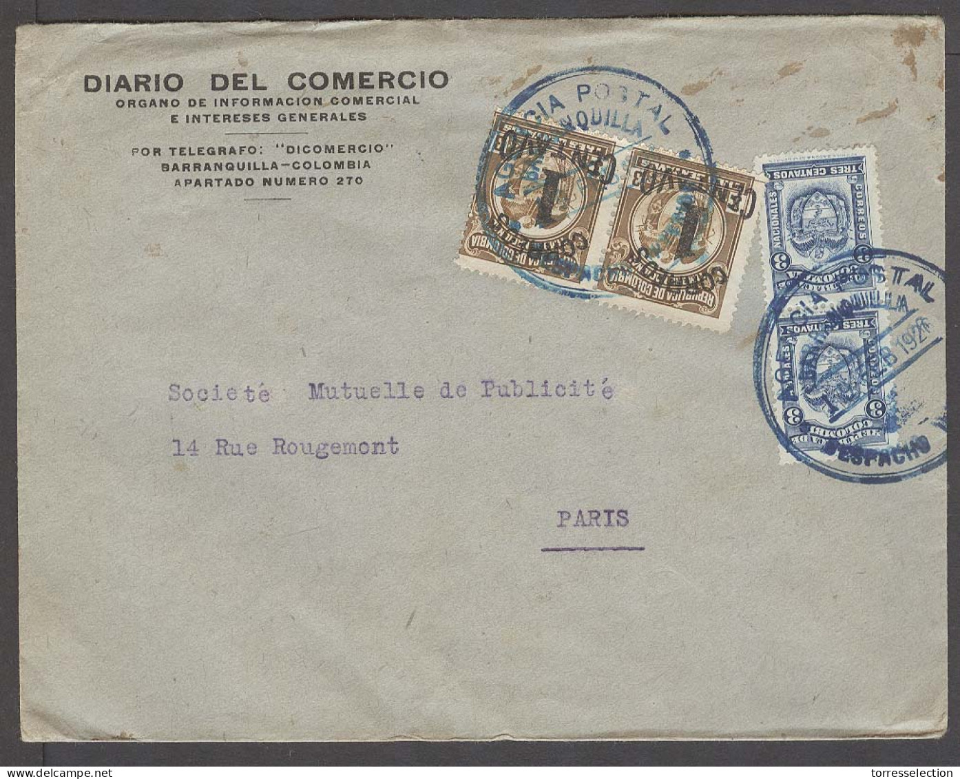 COLOMBIA. 1928 (19 Feb). Barranquila - Paris / France. Multifkd Env / 1c Ovptd Pair. Fine. - Colombia