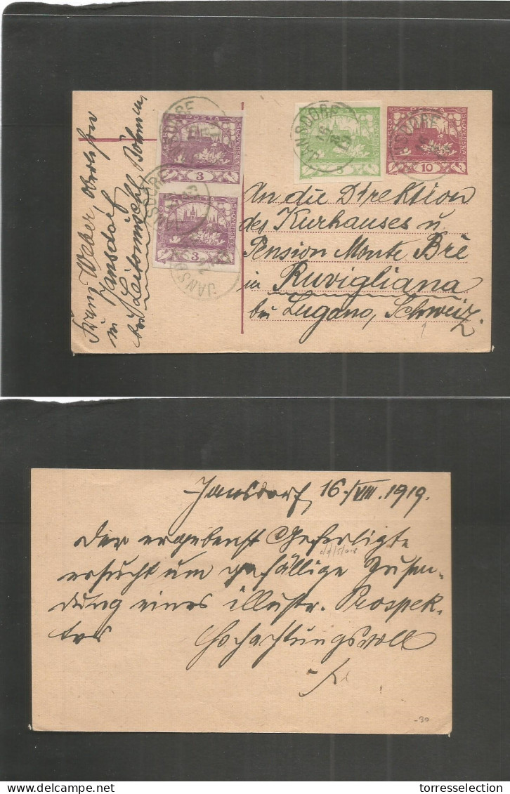 CZECHOSLOVAKIA. 1919 (16 Aug) Jansdorf / Sanor - Switzerland, Ruvigliano, Lugano, Ticino 10g Red Stat Card + 3 Adtls, Cd - Sonstige & Ohne Zuordnung