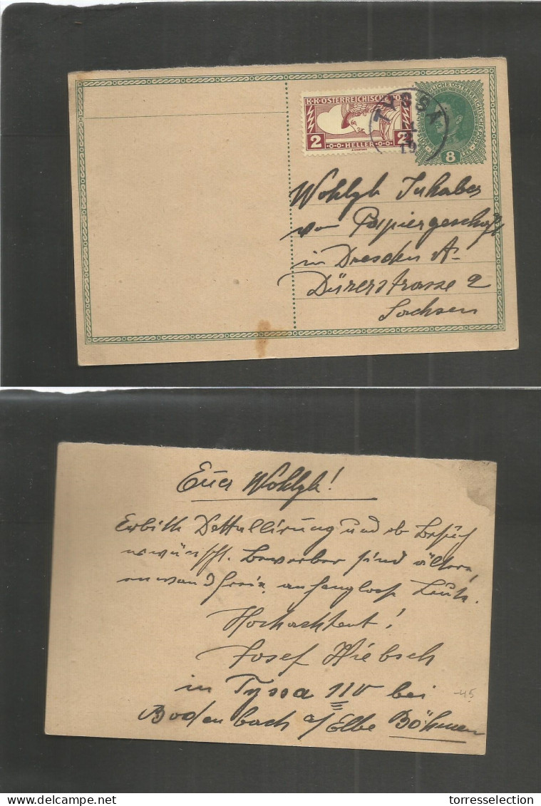 CZECHOSLOVAKIA. 1919 (11 Feb) Tyssa, Bohemia - Germany, Sachsen, Dresden. 8h Green Stat Card + Adtl Cds (680 Hab Today)  - Sonstige & Ohne Zuordnung