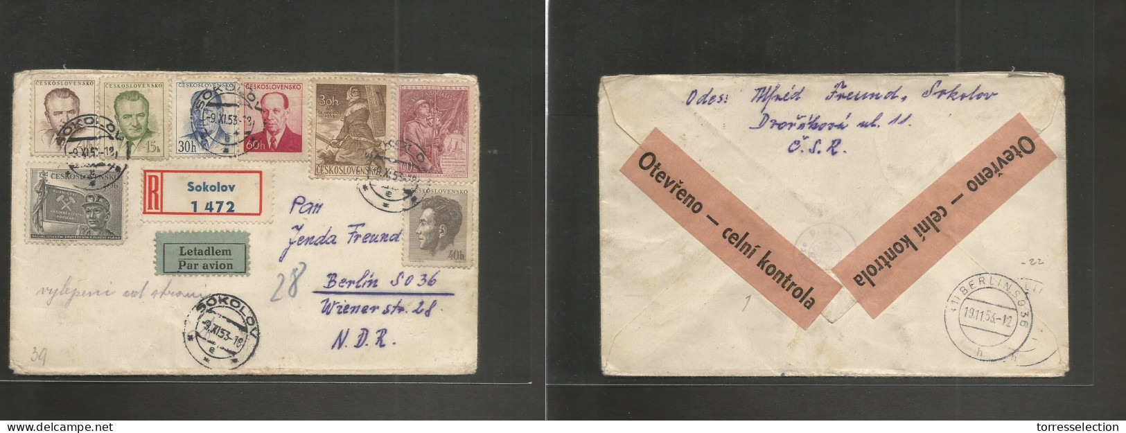 CZECHOSLOVAKIA. 1953 (9 Sept) Sokolov - Germany, Berlin. East (19 Nov) Registered Multifkd Envelope. Fine Censored Label - Sonstige & Ohne Zuordnung