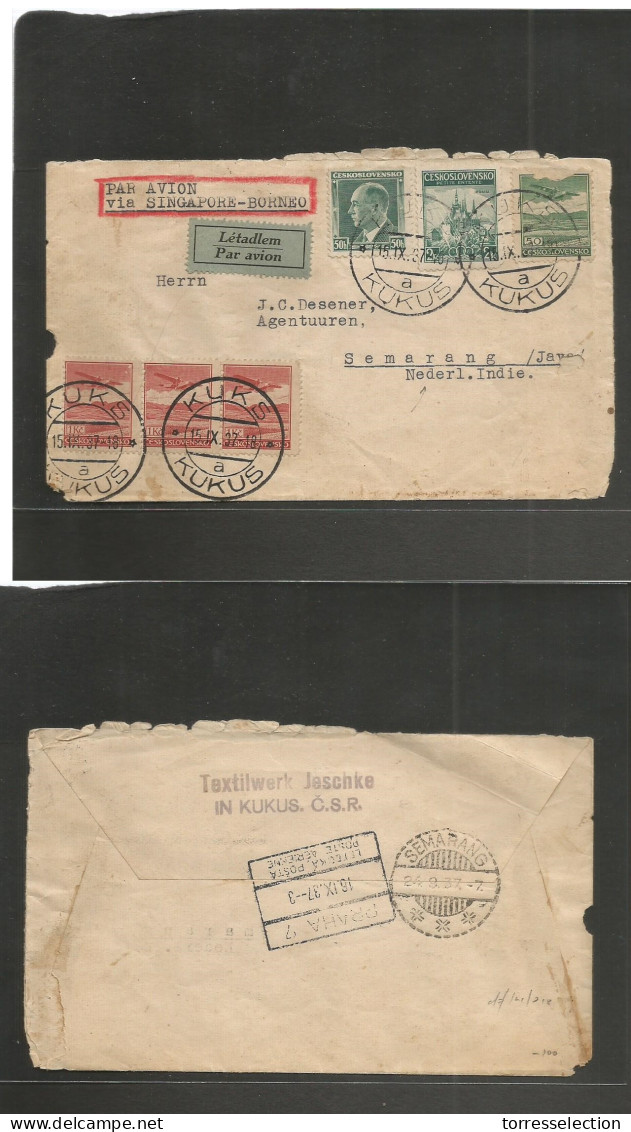 CZECHOSLOVAKIA. 1937 (15 Sept) Kuks / Kukus - Dutch Indies, Indonesia, Semarang (24 Sept) Air Multifkd Env Via Singapore - Sonstige & Ohne Zuordnung