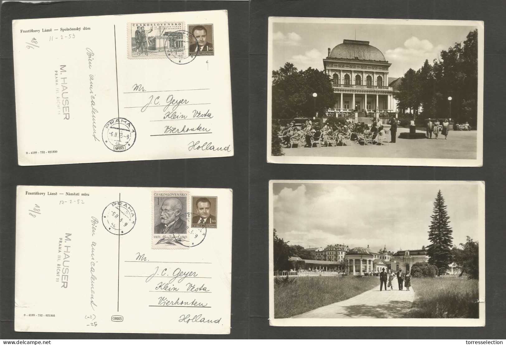 CZECHOSLOVAKIA. 1953 (5-6 Feb) Prague - Netherlands, Vierhouter. Pair Of Photocard Stationaries + Adtls. VF + Scarce Cir - Sonstige & Ohne Zuordnung