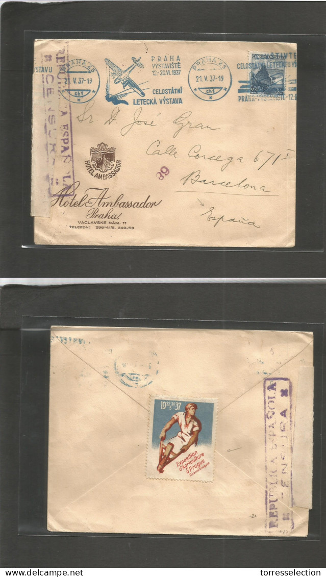 CZECHOSLOVAKIA. 1937 (21 May) Praha - Spain, Barcelona. Air Fkd 2.50 Kc Stamp, Tied Blue Slogan Air Cachet. Republican S - Sonstige & Ohne Zuordnung