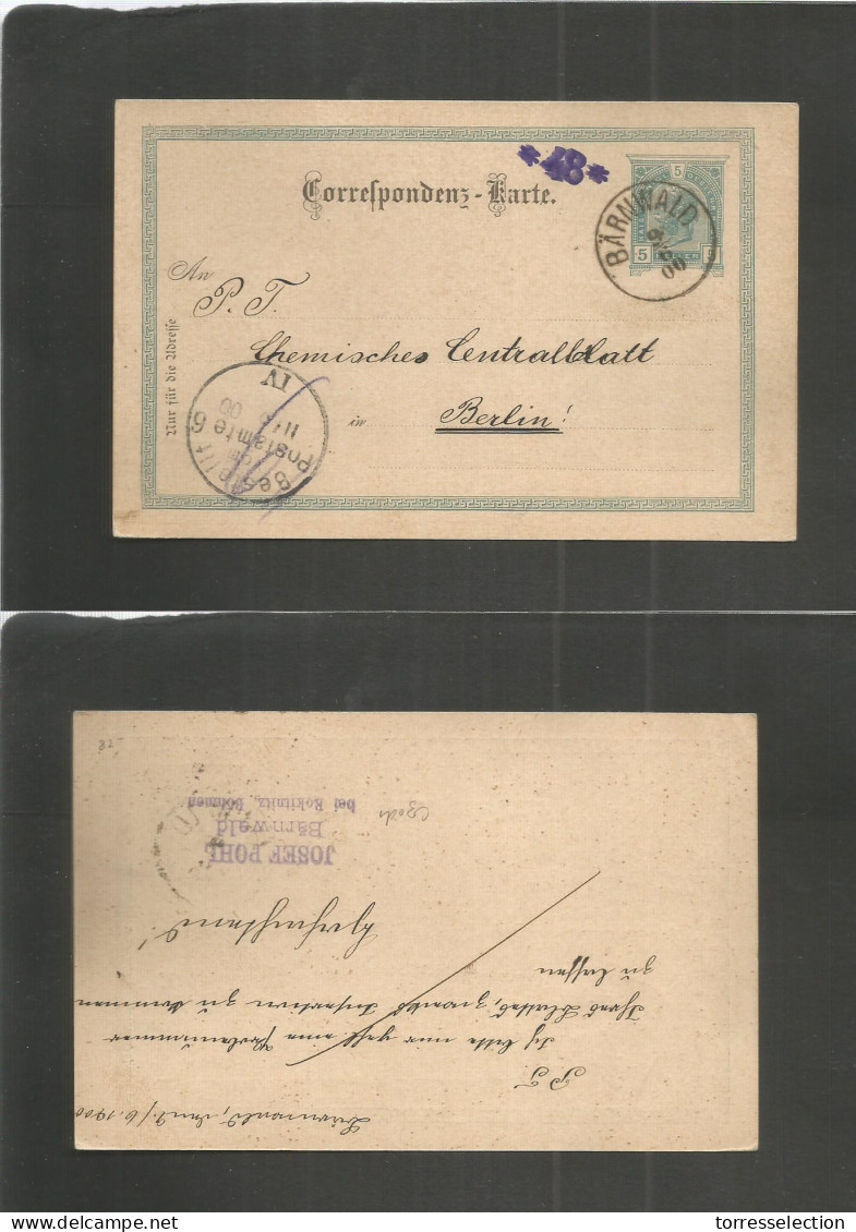 CZECHOSLOVAKIA. 1900 (9 June) Barnwald, Rokitanitz, Bohemia - Germany, Berlin (11 June) 5h Green Stat Card. Fine Used Cd - Autres & Non Classés