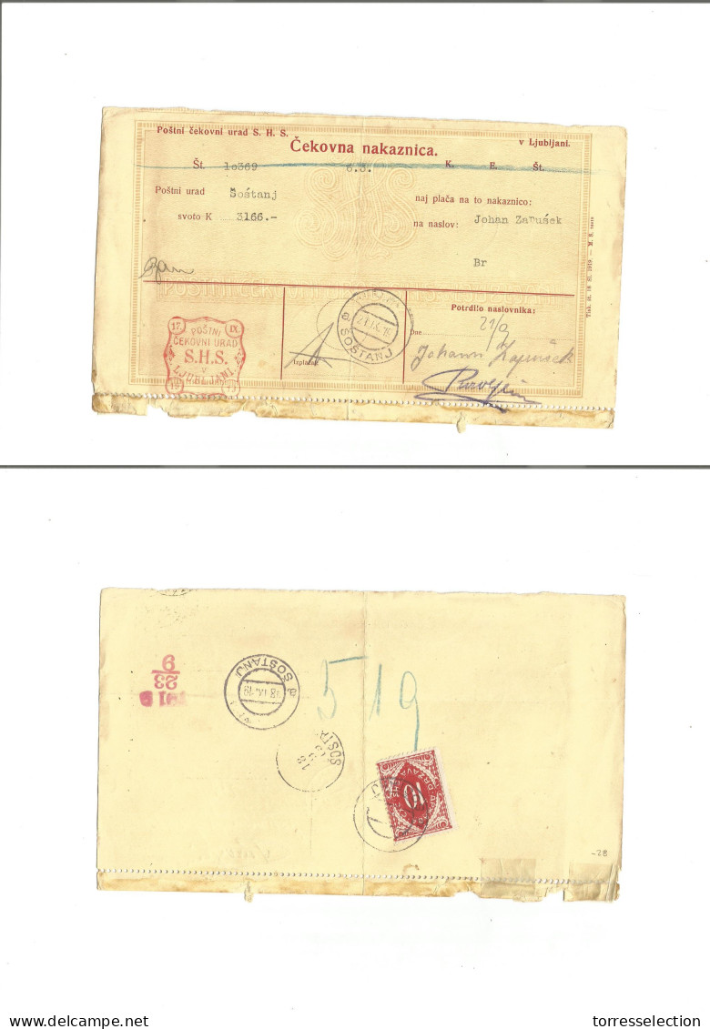 CZECHOSLOVAKIA. 1919 (27 Sept) Slovenia. Ljubiana - Sostanj. Machine Fkd Postni Cekcuni Urad With Arrival Postage Due Ti - Sonstige & Ohne Zuordnung