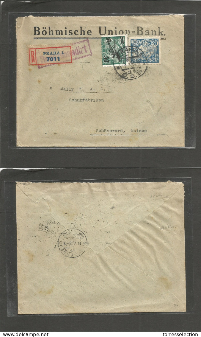 CZECHOSLOVAKIA. 1923 (May) Prague - Switzerland, Schanewerd (14 May) Registered Airmail Mutifkd + Special Air Stamp Enve - Autres & Non Classés