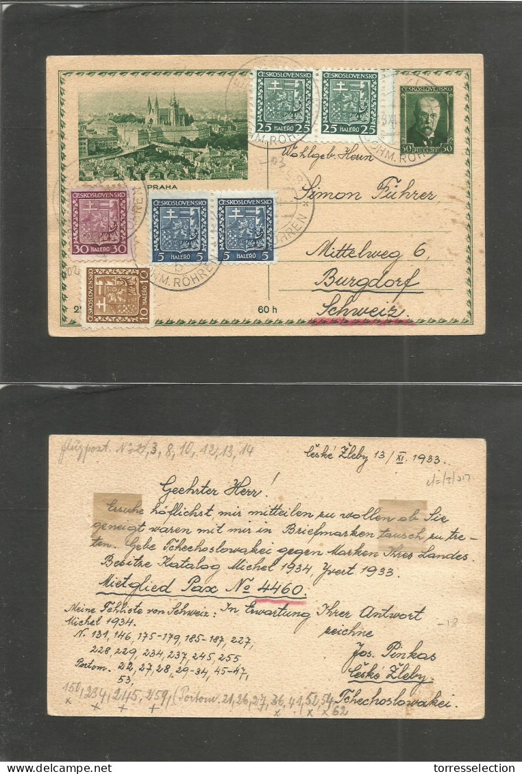 CZECHOSLOVAKIA. 1933 (13 Nov) Leske Zleby - Switzerland, Burgdorf. 50h Green Illustrated Stat Card + 6 Adtls, Cds. Fine. - Autres & Non Classés