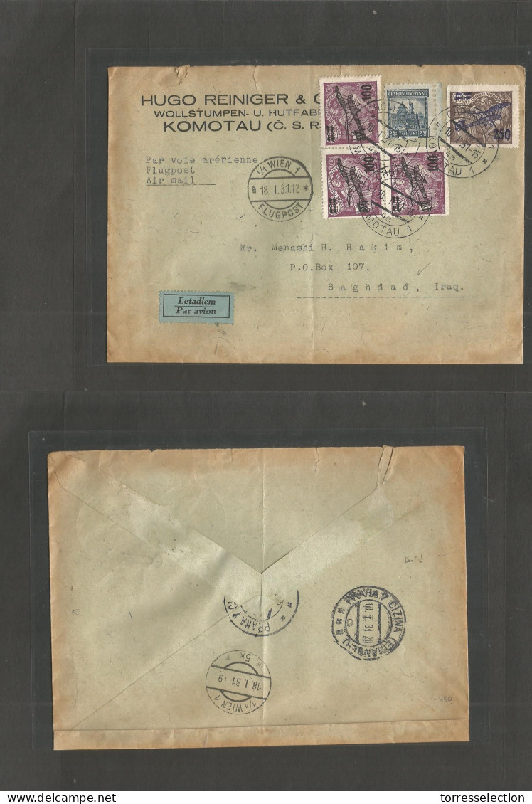 CZECHOSLOVAKIA. 1931 (10 Jan) Komotau - Iraq, Baghdad. Via Wien (18 Jan) Air Multifkd Envelope Better Air Stamps Ovptd T - Sonstige & Ohne Zuordnung