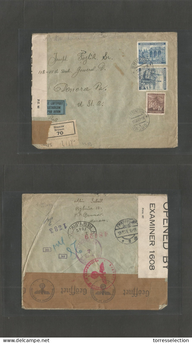 CZECHOSLOVAKIA. 1941 (17 Nov) Bohemia - Moravia. Brunmov - USA, Donova, PA (7 Jan 42) Registered Air Multifkd Env. Doble - Sonstige & Ohne Zuordnung