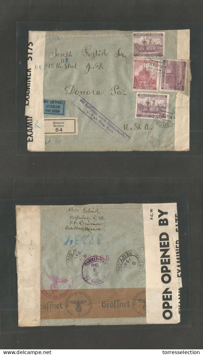 CZECHOSLOVAKIA. 1941 (16 May) Bohemia - Moravia, Brumor, USA, Donora, PA (3 June) Registered Air Multifkd Triple Censore - Autres & Non Classés