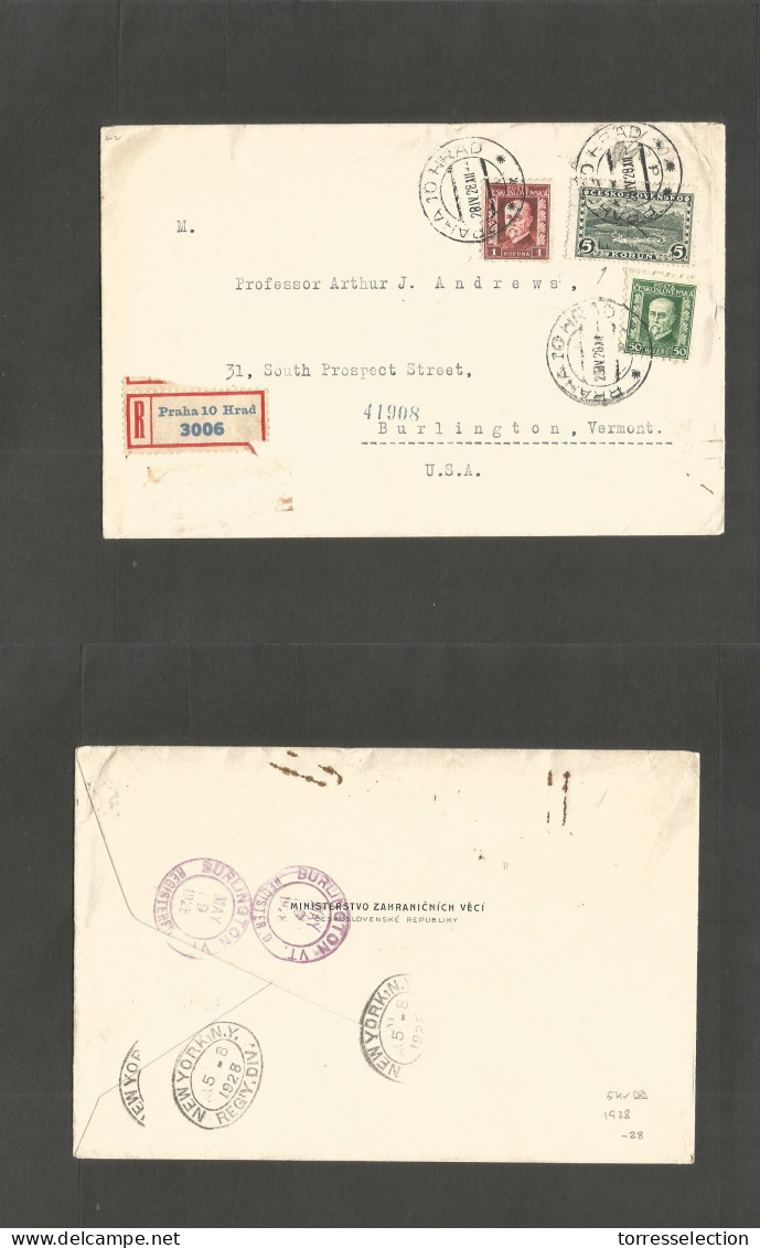 CZECHOSLOVAKIA. 1928 (28 April) Praha - USA, Burlington (8-9 May) Registered Multifkd Env Including 5 Keona Stamp. Fine. - Autres & Non Classés