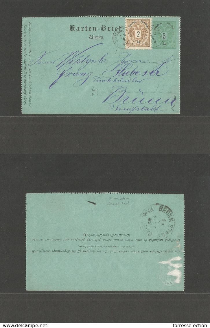 CZECHOSLOVAKIA. 1889 (12 April) Domaschow - Brünn Austria Postal Adm Local 3kr Stat Lettersheet + Adtl, Small Cds. VF Us - Sonstige & Ohne Zuordnung
