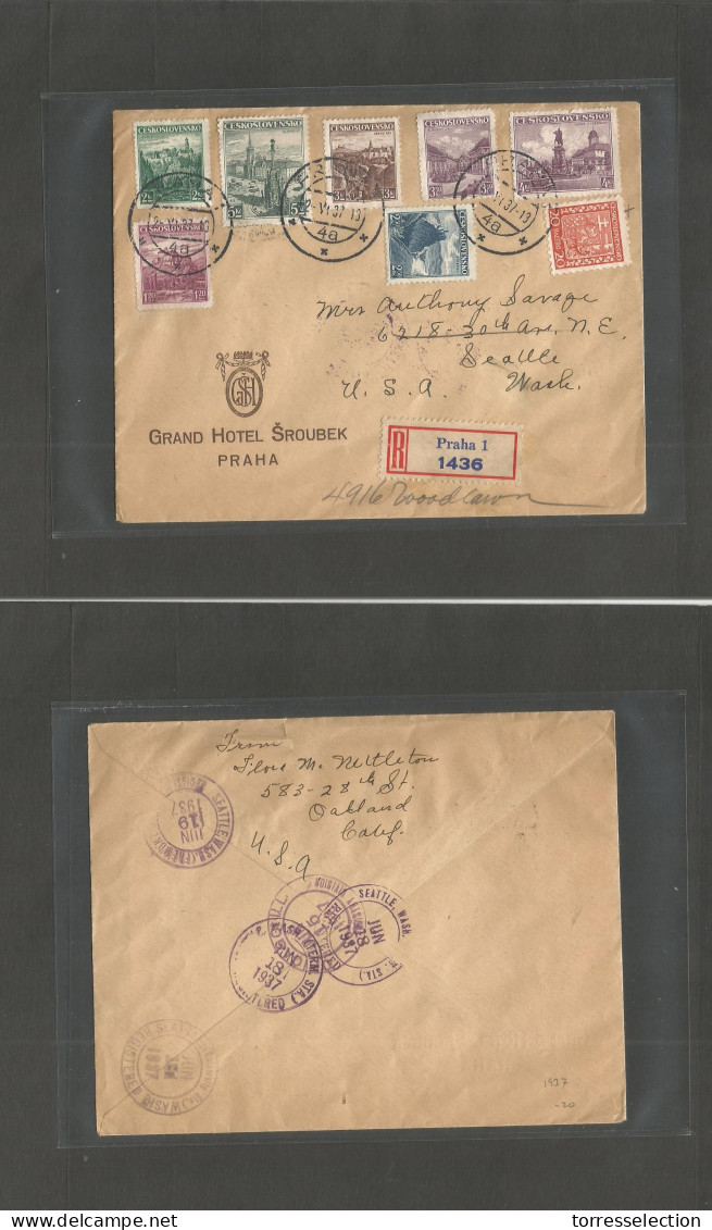 CZECHOSLOVAKIA. 1937 (2 June) Prague - USA, Seattle Wash (18-19 June) Registered Multifkd Env. Fine Mixed Issues Usage. - Autres & Non Classés