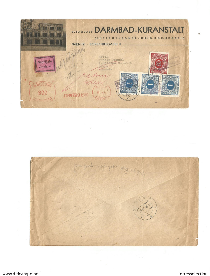 CZECHOSLOVAKIA. 1936 (21 April) Wien, Austria - Praha. Maritime Fkd Illustrated Envelope + 4 Arrival Tied Postage Dues + - Autres & Non Classés