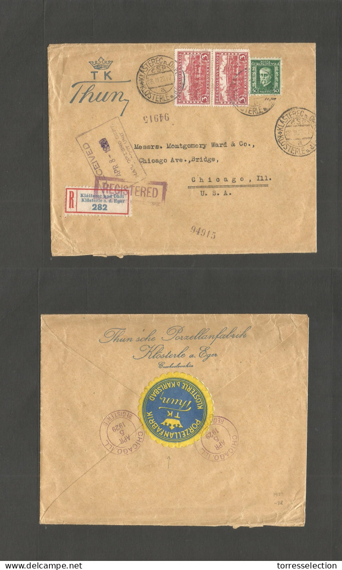 CZECHOSLOVAKIA. 1929 (23 March) Klosterla Ad Eger - USA, Chicago, Ill (5 April) Registered Multifkd Env Incl 3kr Pair St - Sonstige & Ohne Zuordnung